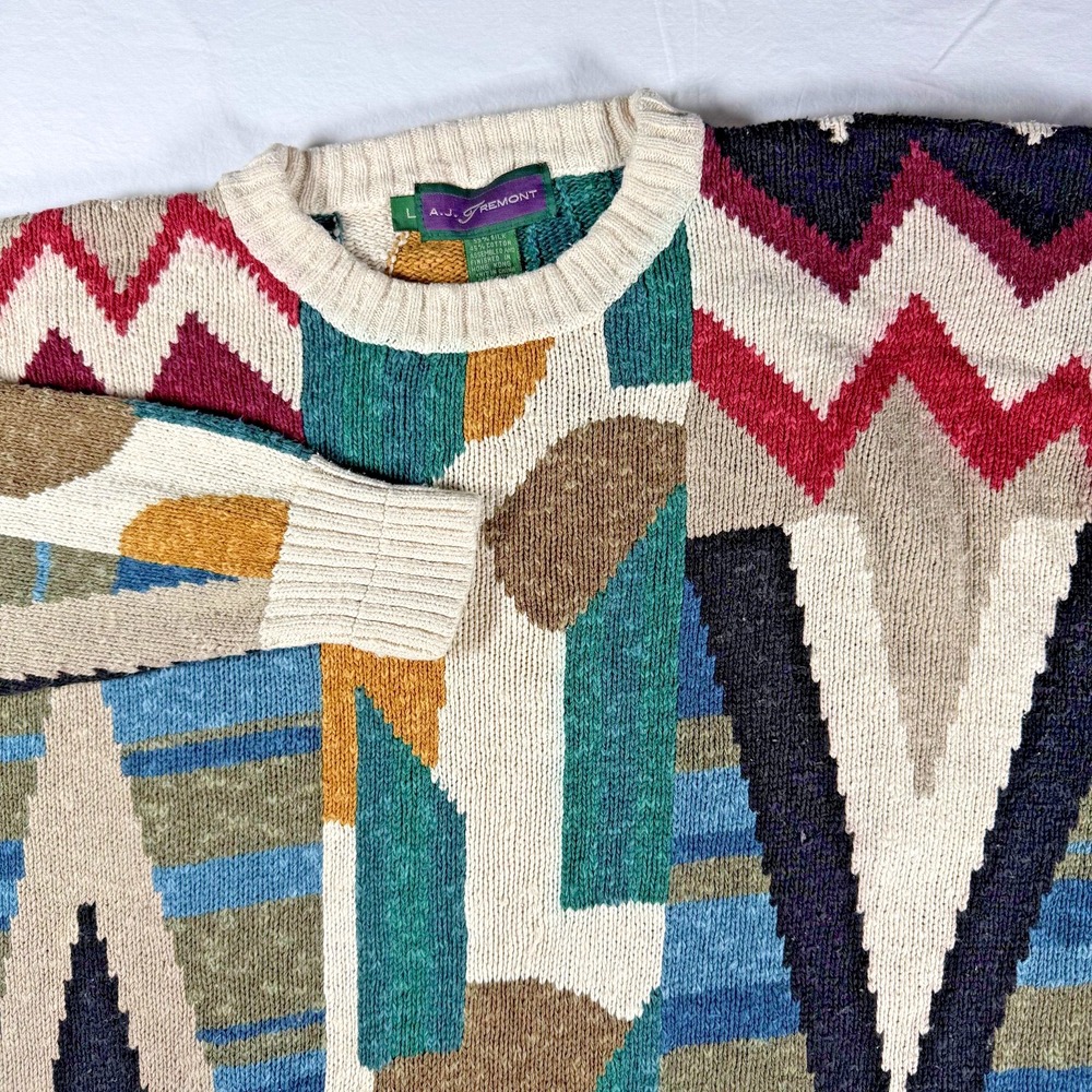 Vintage A.J. Tremont Abstract Knit Sweater Silk Blend Men's Size Large Hong Kong